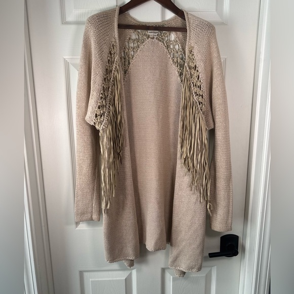 Haute Hippie Fringe Tan Oversized Boho Knit Cardigan Sweater Womens Size Xsmall - Picture 1 of 9